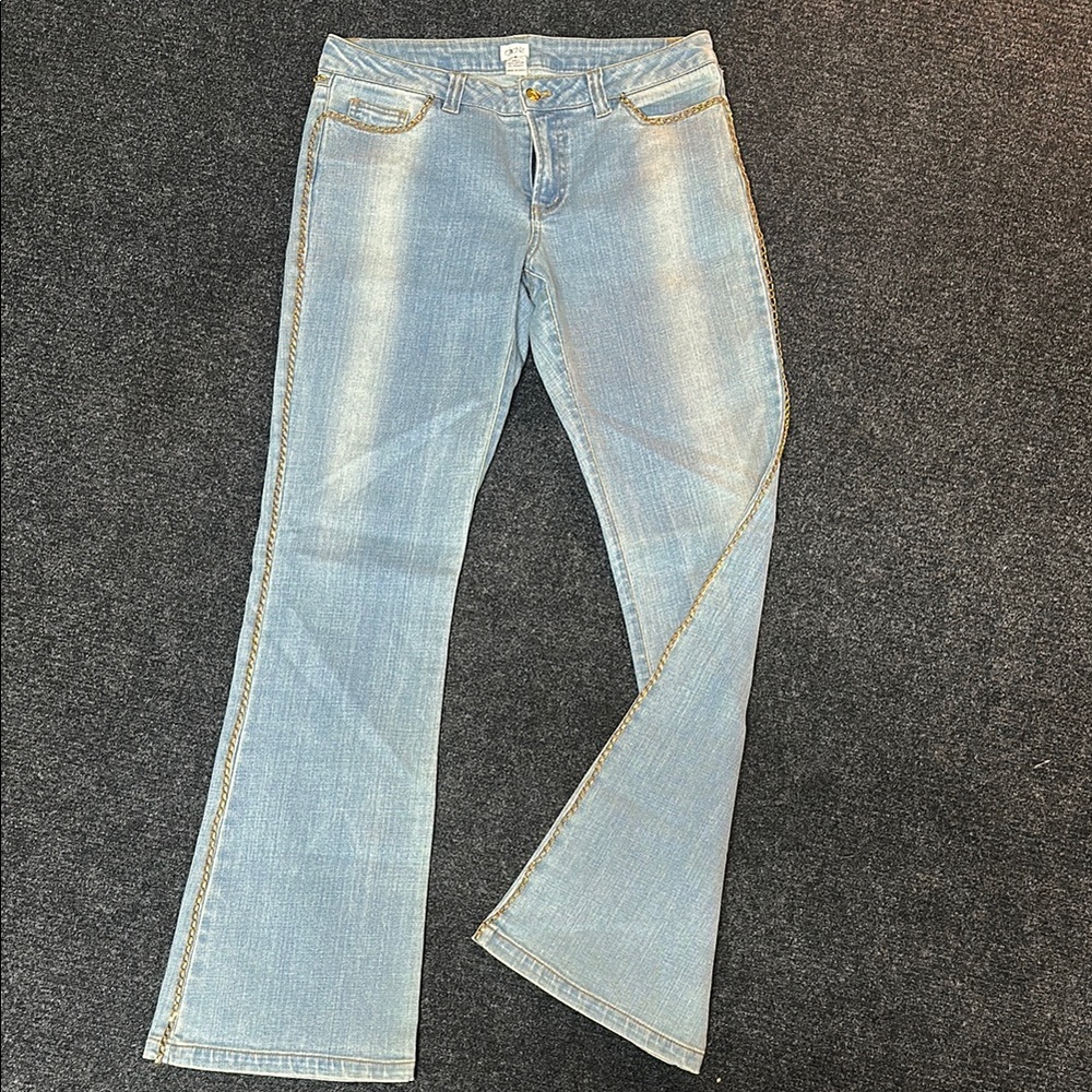 Women's Light Blue Caché Jeans with Gold chain accents